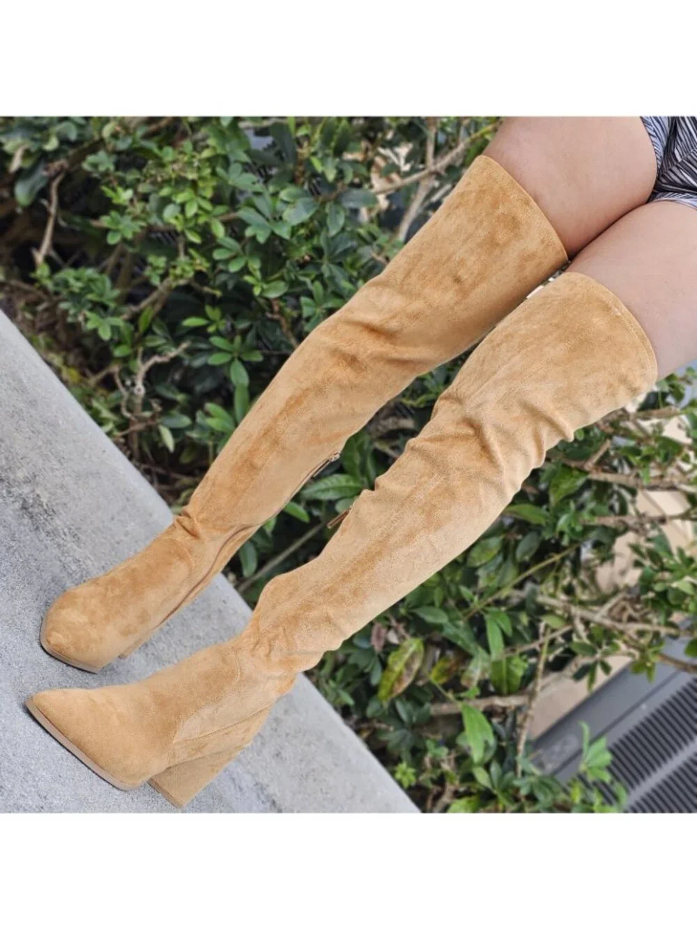 Women's Tan Over The Knee pointed Chunky Block Heel Boots